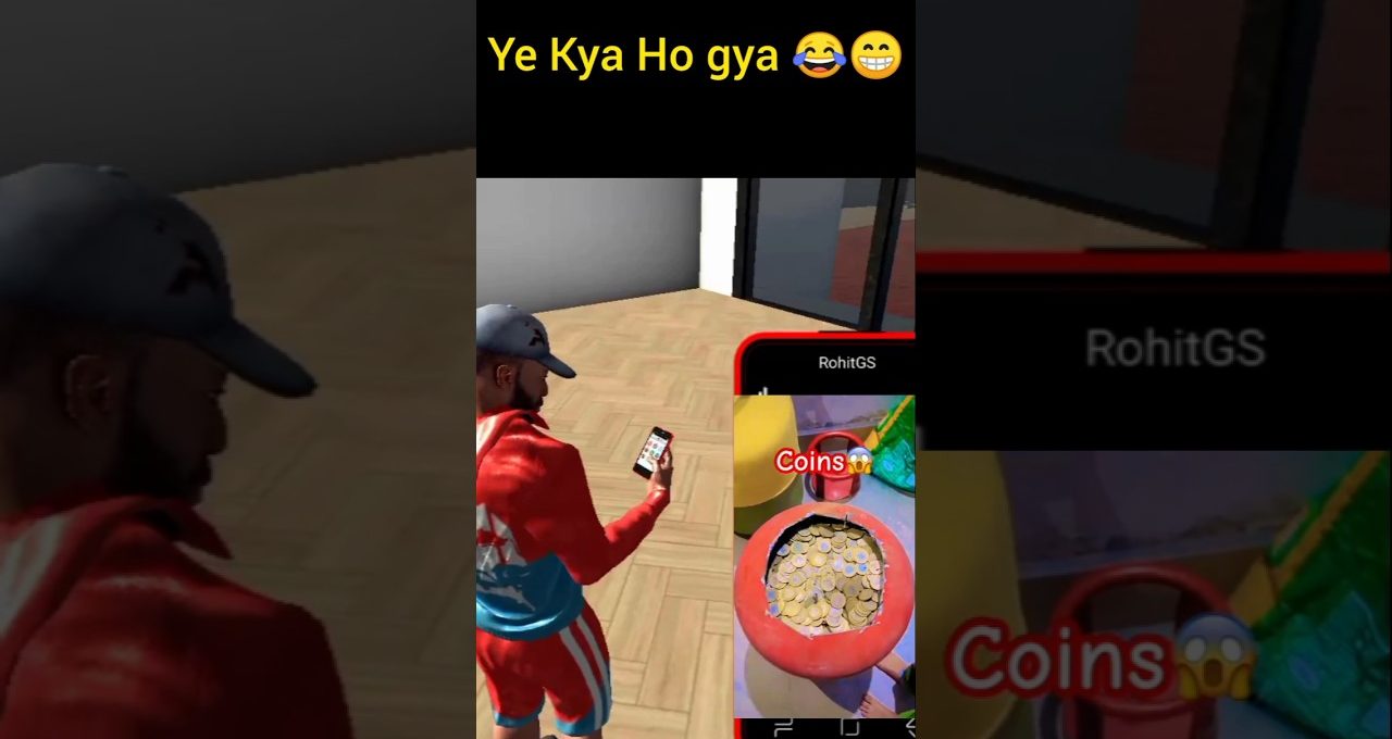 Man in red tracksuit looking at phone showing a game screen with coins