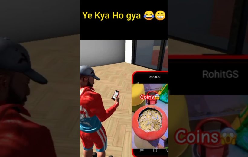 Man in red tracksuit looking at phone showing a game screen with coins