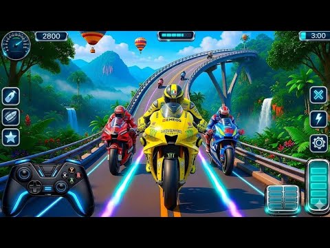 Three futuristic sport motorcycles racing on a neon-lit bridge through lush mountains