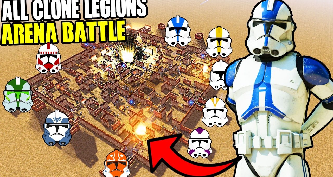 Cloned stormtrooper in blue armor beside desert arena filled with battle-worn clone helmets