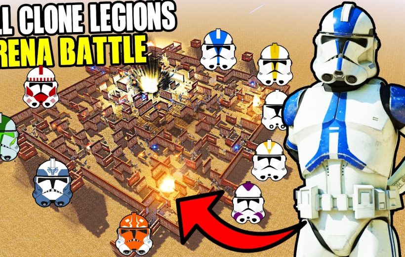 Cloned stormtrooper in blue armor beside desert arena filled with battle-worn clone helmets