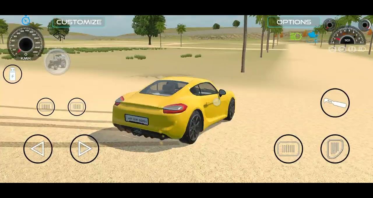 Yellow sports car driving across a sandy desert landscape within a racing game HUD