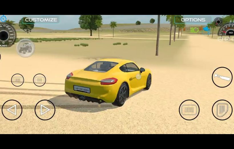 Yellow sports car driving across a sandy desert landscape within a racing game HUD