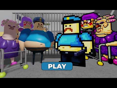 Pixelated and 3D police officer character surrounded by colorful elderly characters in jail.