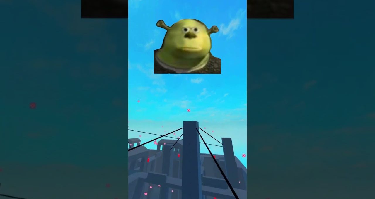 Surreal game scene with a floating Shrek head above a futuristic cityscape skybridge