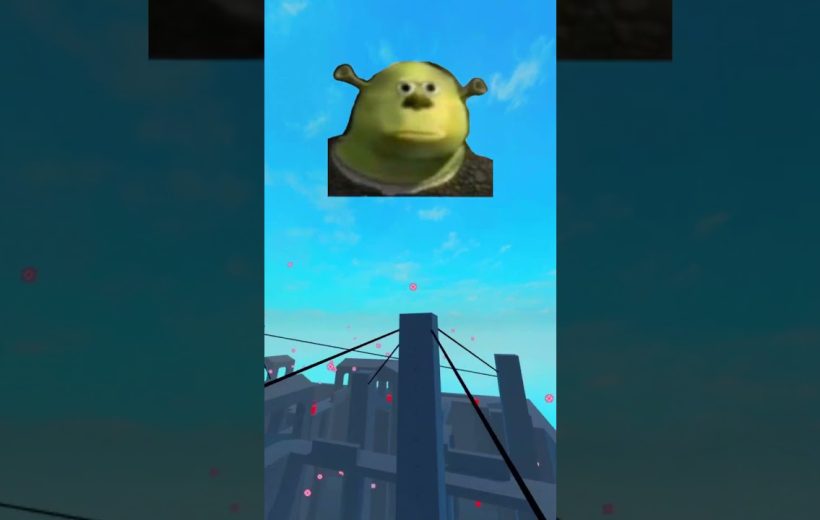 Surreal game scene with a floating Shrek head above a futuristic cityscape skybridge