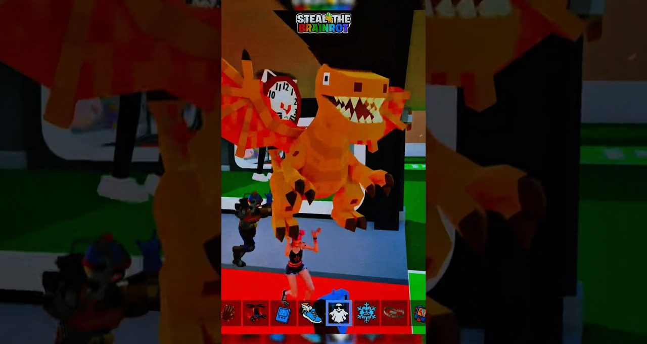 Orange blocky dragon hovering above two players inside a colorful game arena.