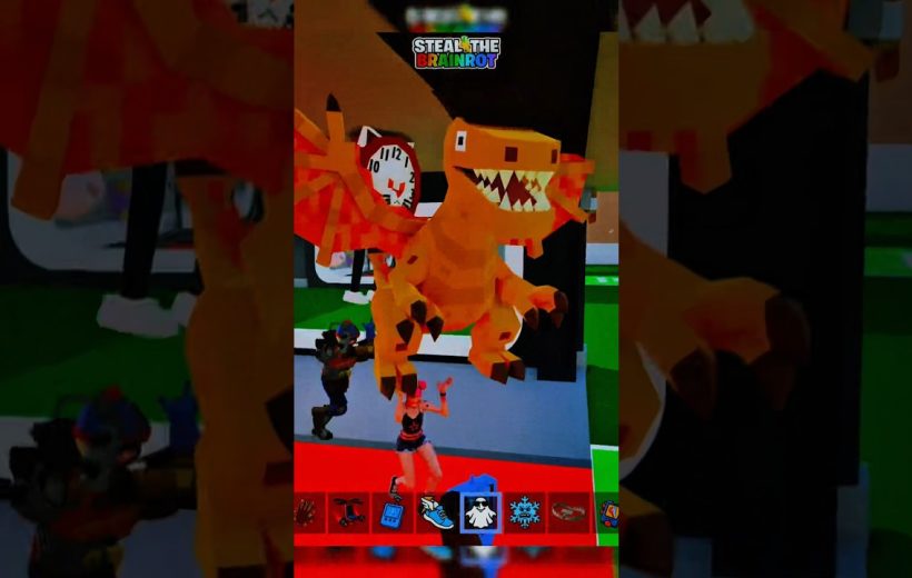 Orange blocky dragon hovering above two players inside a colorful game arena.