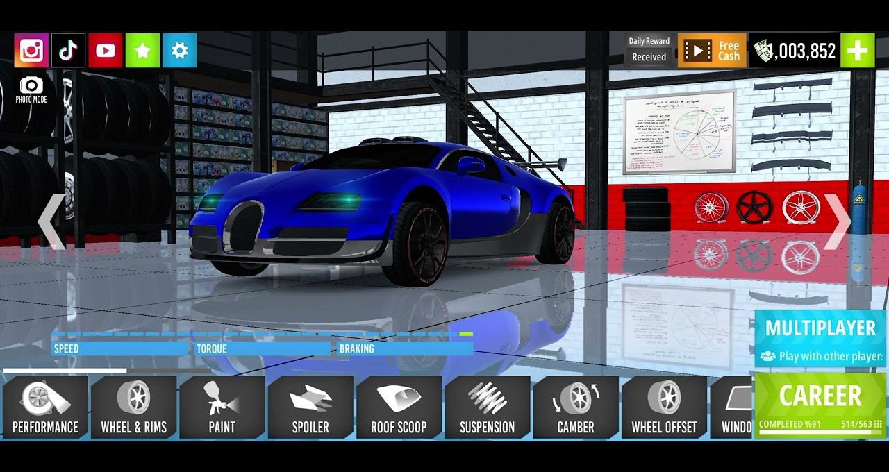 Blue sports car in a virtual garage with customization menu and shiny floor reflections