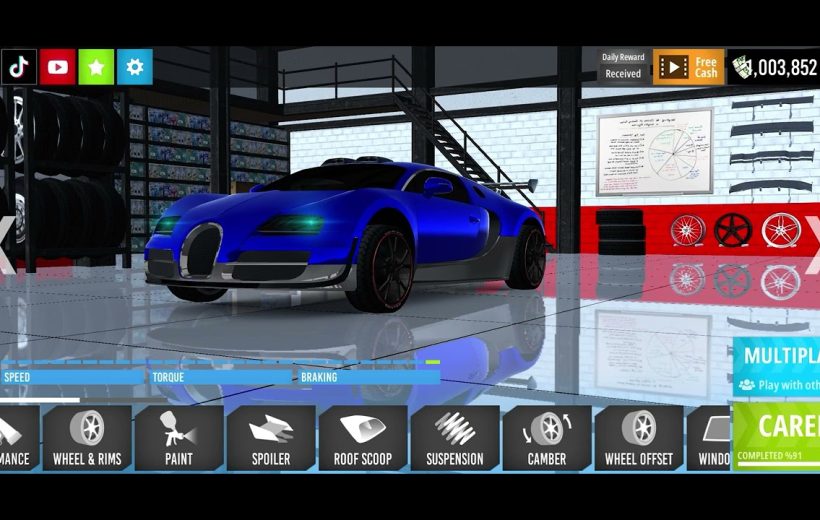Blue sports car in a virtual garage with customization menu and shiny floor reflections