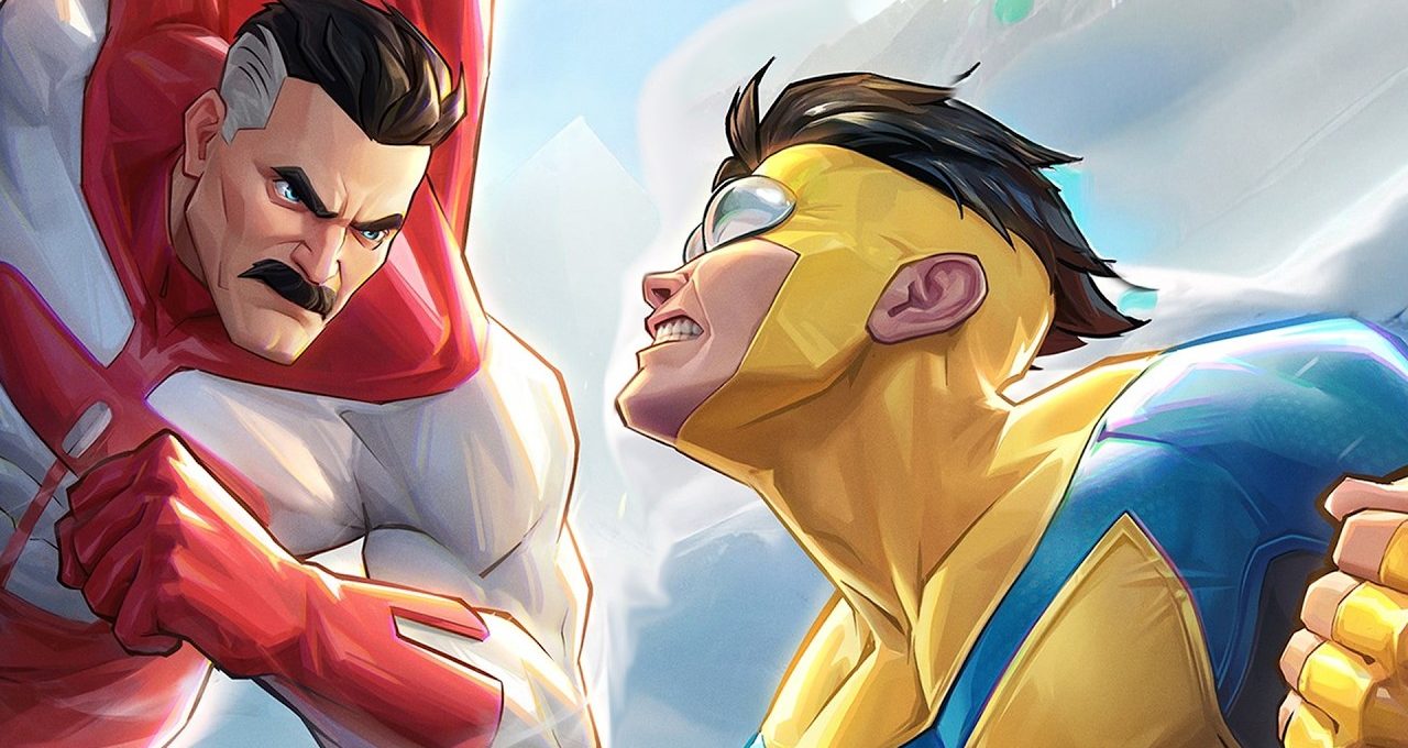 Two superheroes mid-air clash, one in red and white, the other in yellow-blue