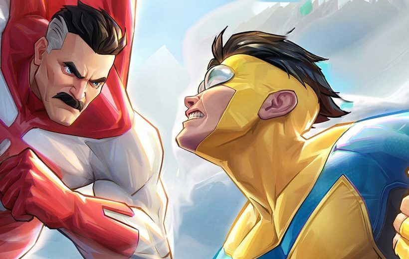 Two superheroes mid-air clash, one in red and white, the other in yellow-blue