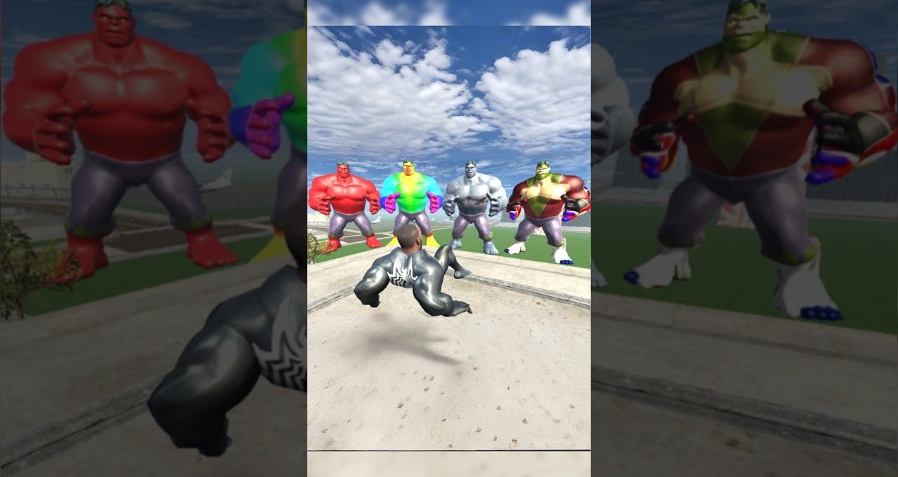 Black-suited figure facing five colorful, oversized muscular humanoids under a cloudy sky.