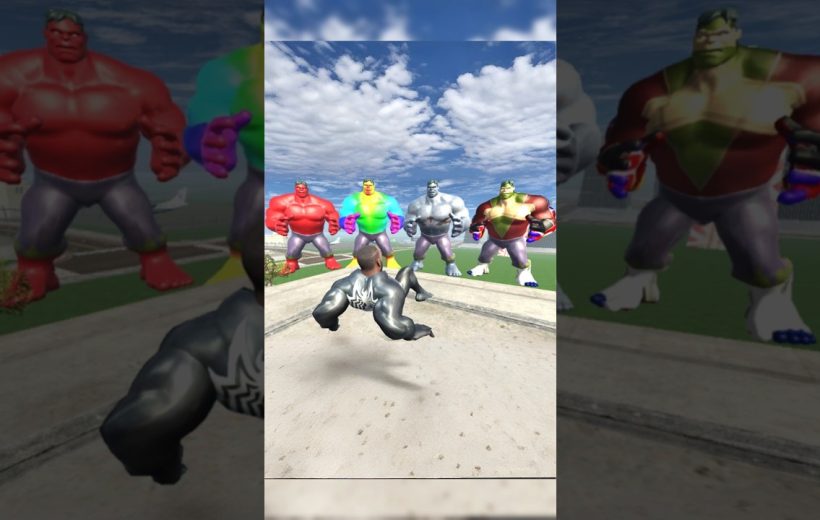 Black-suited figure facing five colorful, oversized muscular humanoids under a cloudy sky.