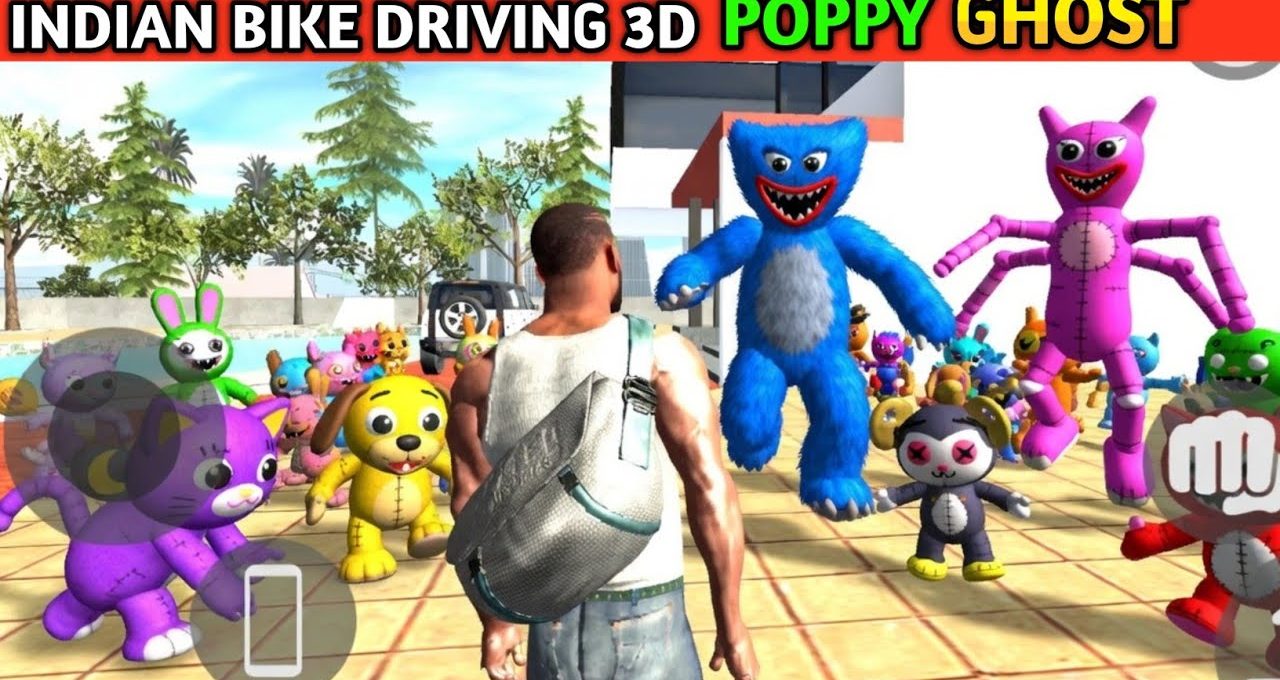 Man with backpack faces a crowd of colorful Poppy Ghost plush characters outdoors