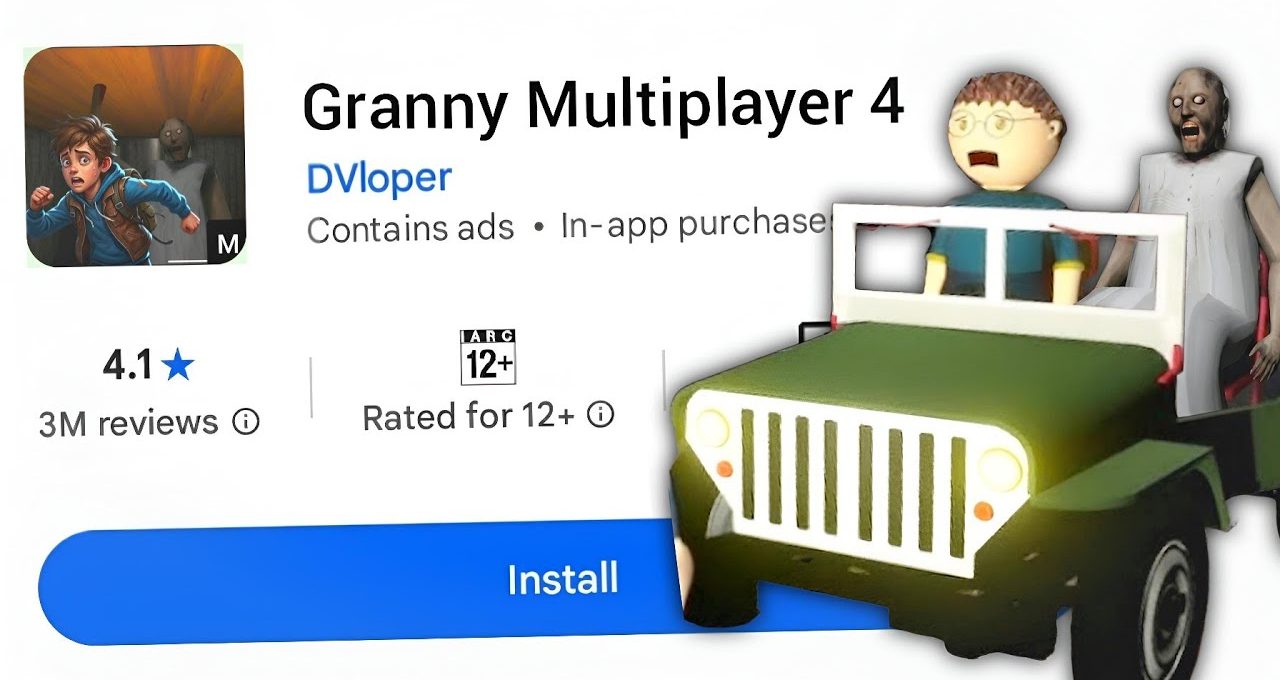Granny Multiplayer 4 app listing with game characters and a green jeep vehicle.