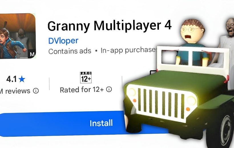 Granny Multiplayer 4 app listing with game characters and a green jeep vehicle.