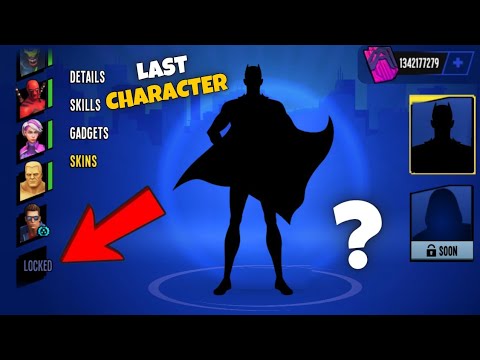 Silhouetted superhero character with cape on a blue game selection screen pointing arrow