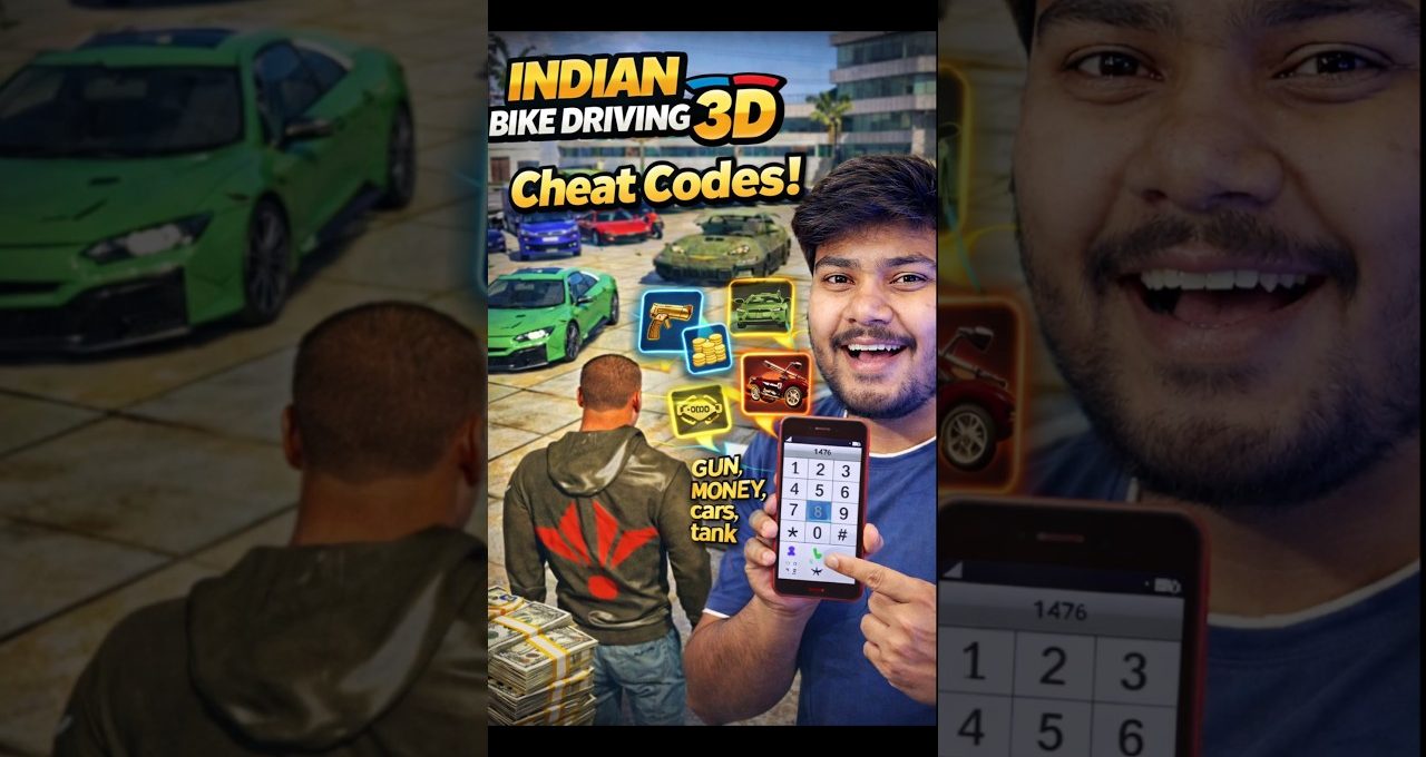 Smiling man holding phone showing cheat codes for Indian Bike Driving 3D game.