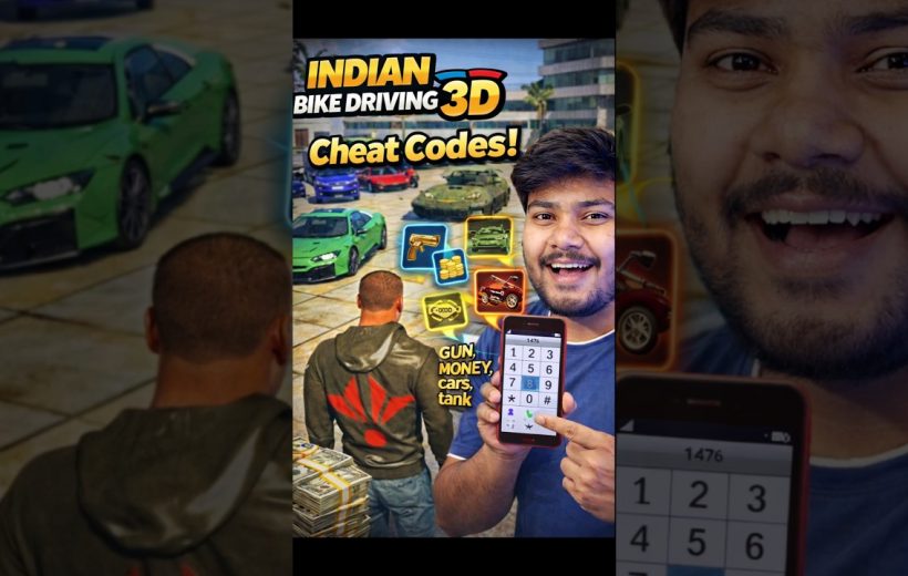 Smiling man holding phone showing cheat codes for Indian Bike Driving 3D game.