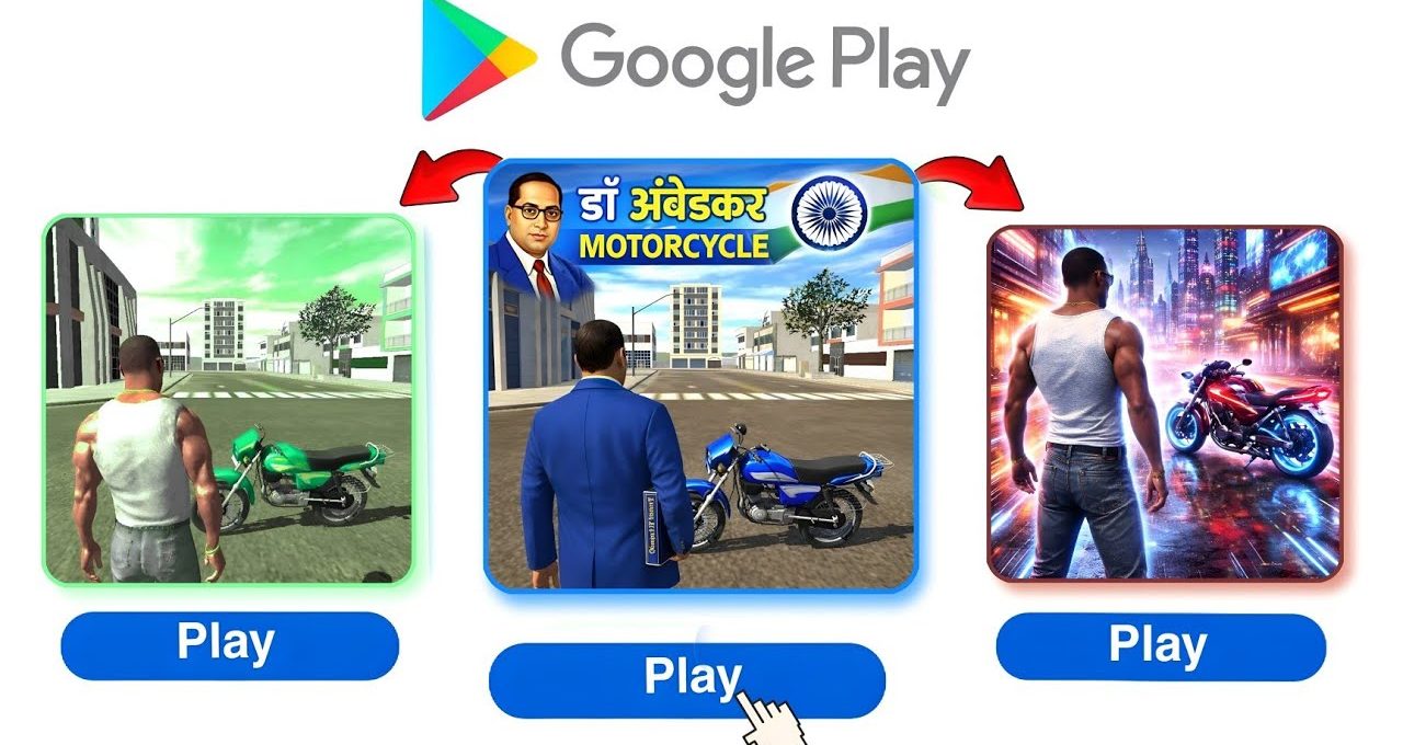 Three game thumbnails showing a man and motorcycles with Google Play branding above