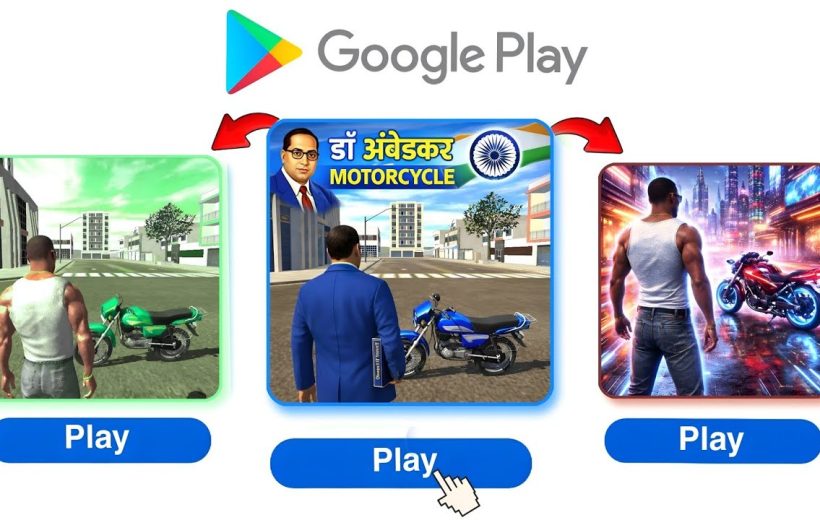 Three game thumbnails showing a man and motorcycles with Google Play branding above