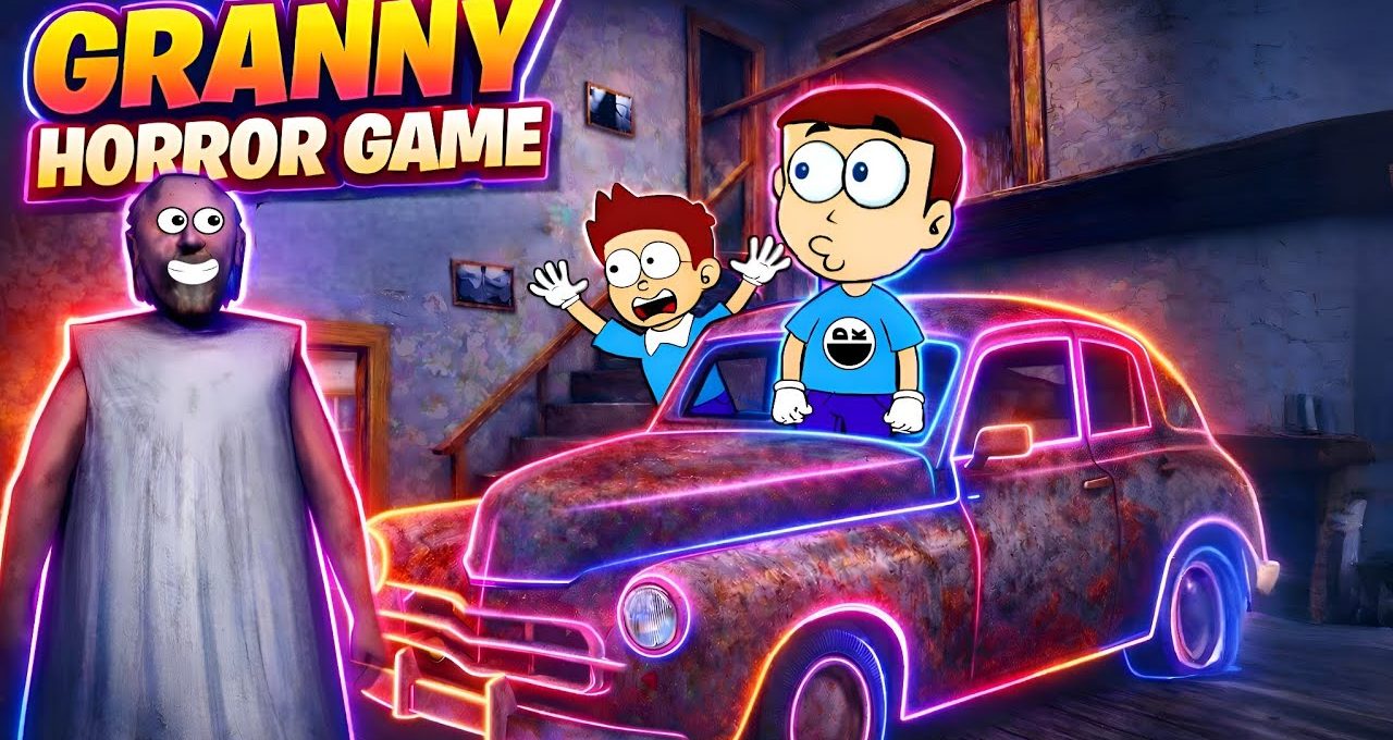 Two cartoon boys startled by glowing neon-outlined vintage car and scary granny antagonist