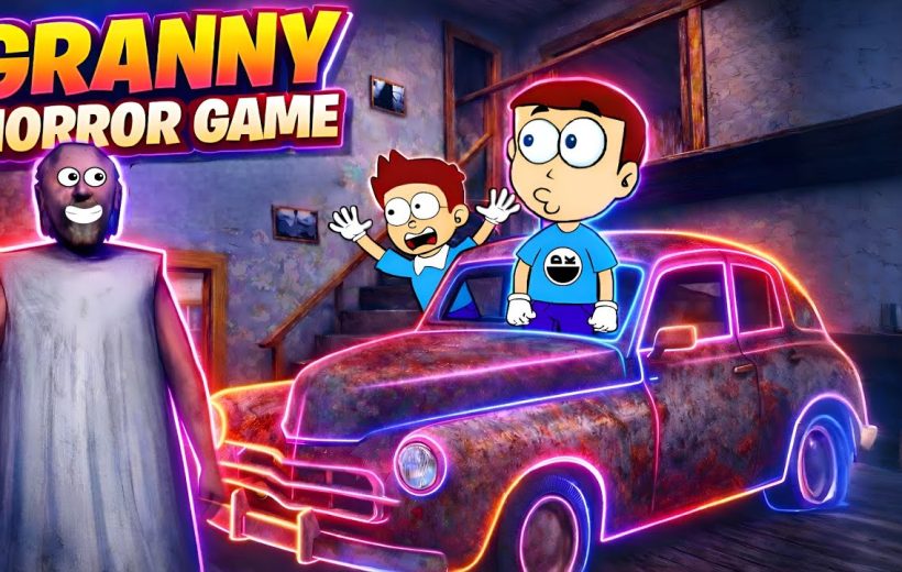Two cartoon boys startled by glowing neon-outlined vintage car and scary granny antagonist