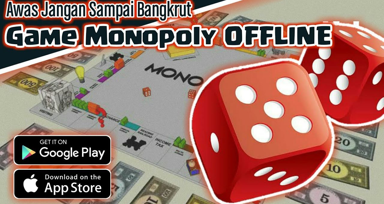 Monopoly board game with oversized red dice and app store download badges visible