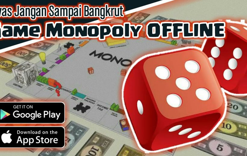 Monopoly board game with oversized red dice and app store download badges visible