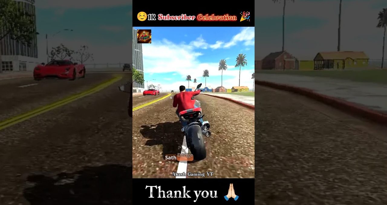 Motorcyclist in red jacket riding down a sunny palm-lined coastal road in game
