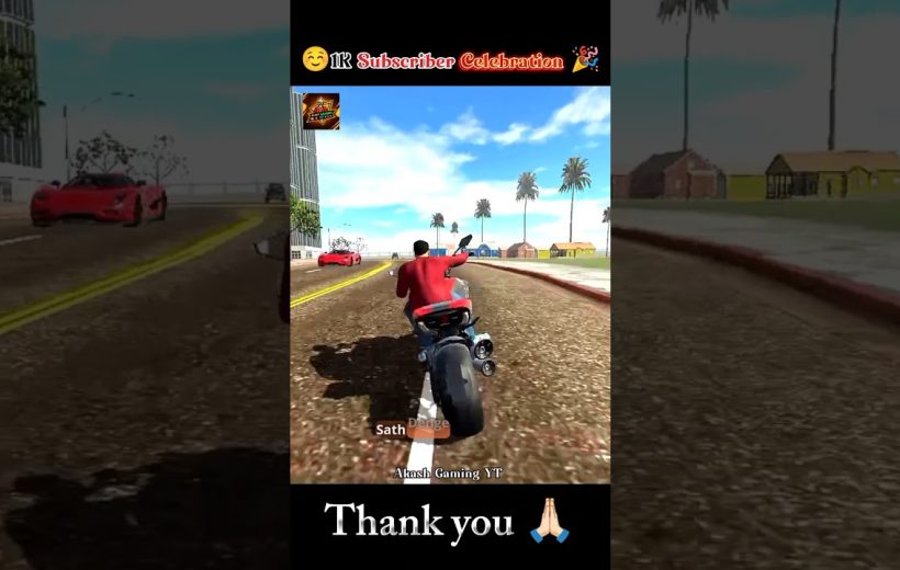 Motorcyclist in red jacket riding down a sunny palm-lined coastal road in game