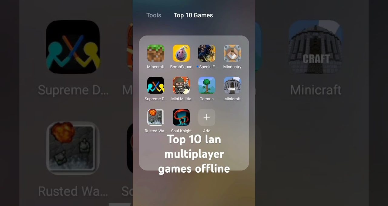 Smartphone folder titled "Top 10 Games" showing icons for popular offline LAN games.