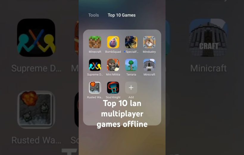 Smartphone folder titled "Top 10 Games" showing icons for popular offline LAN games.