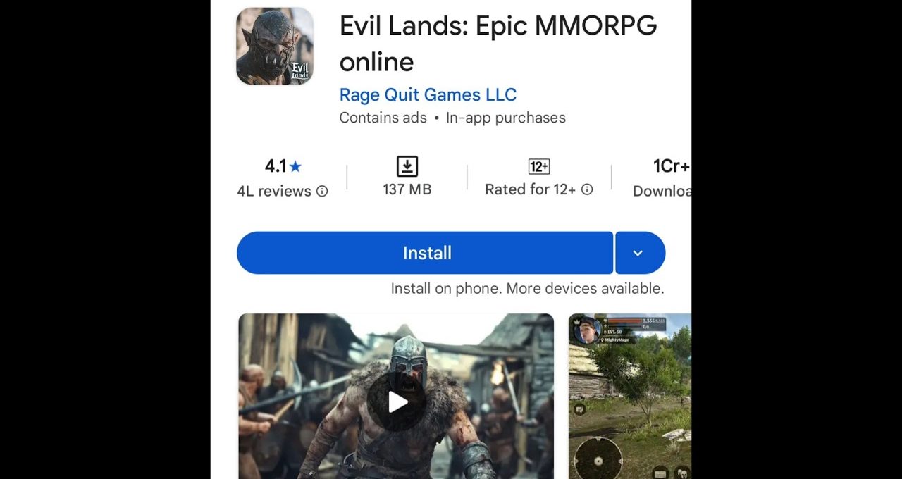 Evil Lands mobile game store page showing install button, rating, and gameplay previews