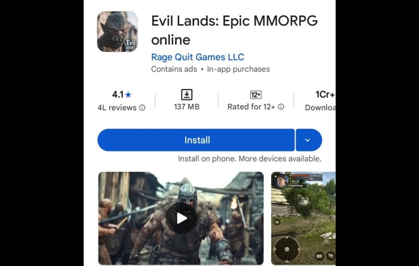Evil Lands mobile game store page showing install button, rating, and gameplay previews