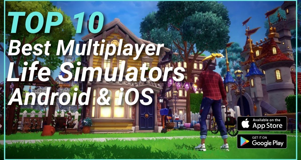 Character standing in colourful village outside cottage with game store logos visible