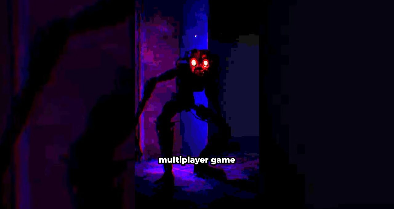 Dark humanoid creature with glowing red eyes crouching in a neon-lit doorway.