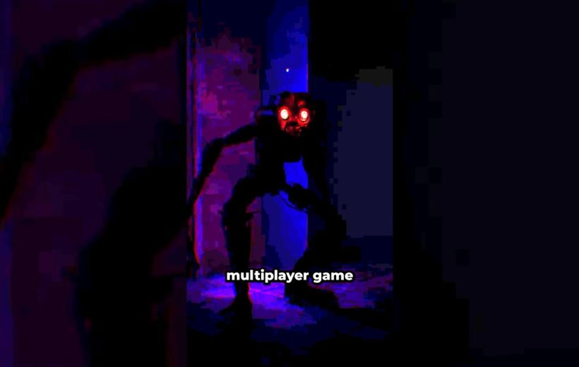 Dark humanoid creature with glowing red eyes crouching in a neon-lit doorway.