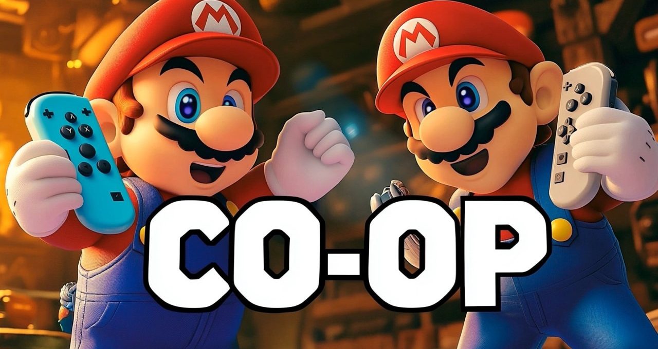 Two Mario characters holding Joy-Con controllers with large "CO-OP" text centered