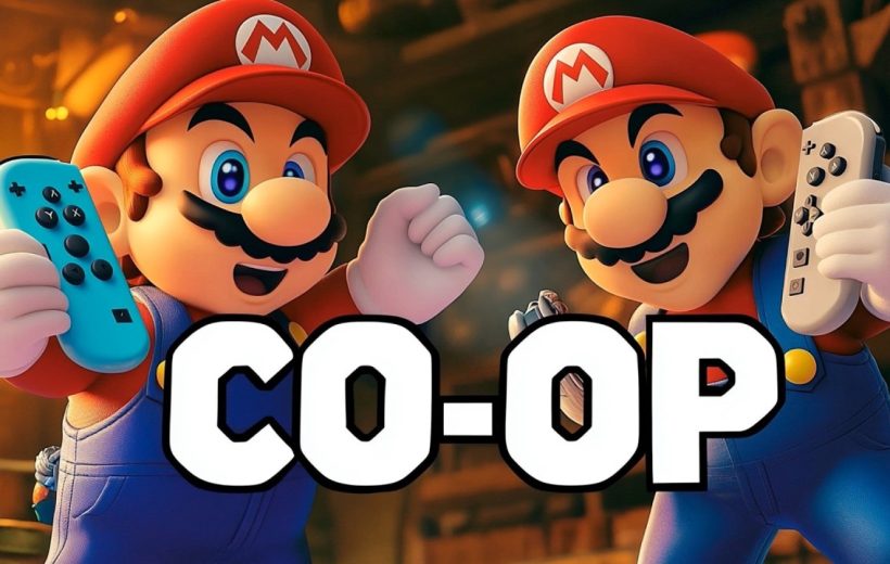 Two Mario characters holding Joy-Con controllers with large "CO-OP" text centered