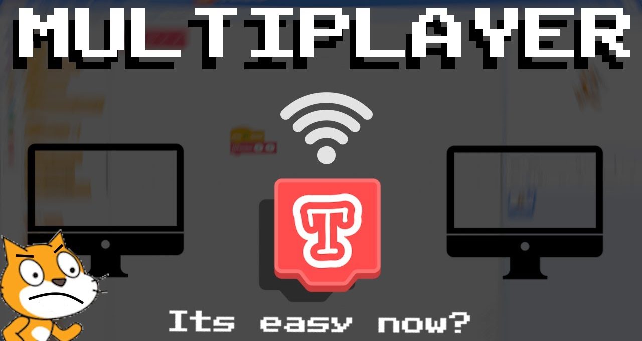 Pixelated "MULTIPLAYER" banner showing two monitors, Wi‑Fi icon, app logo, and Scratch cat