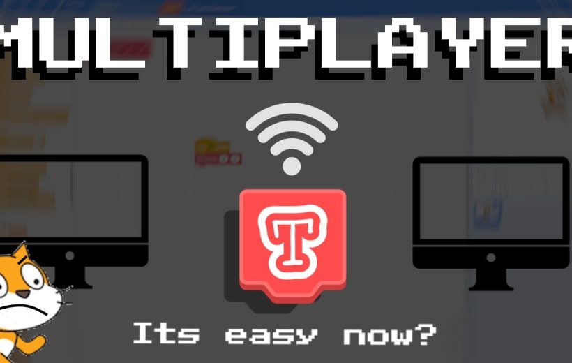 Pixelated "MULTIPLAYER" banner showing two monitors, Wi‑Fi icon, app logo, and Scratch cat
