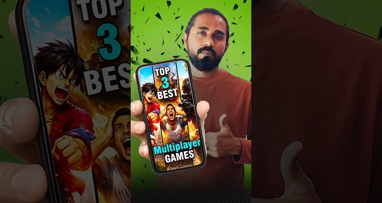 Man holding phone showing "Top 3 Best Multiplayer Games" thumbnail, giving thumbs up
