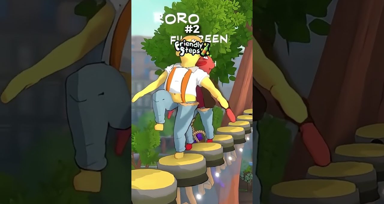 Two cartoon characters balancing across floating circular platforms in a tree park.