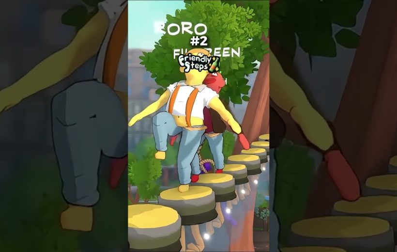 Two cartoon characters balancing across floating circular platforms in a tree park.