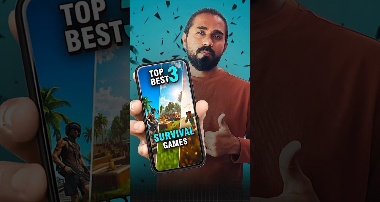 Man holding phone showing "Top Best 3 Survival Games" graphic, giving thumbs up