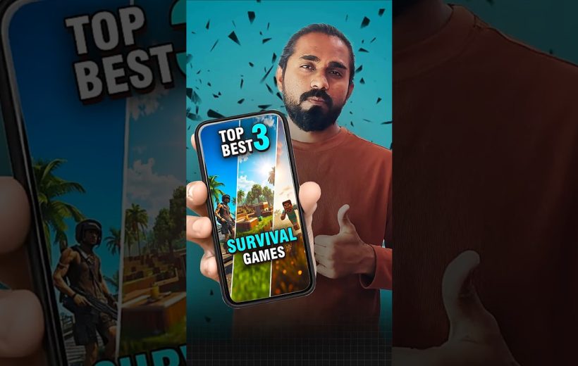 Man holding phone showing "Top Best 3 Survival Games" graphic, giving thumbs up