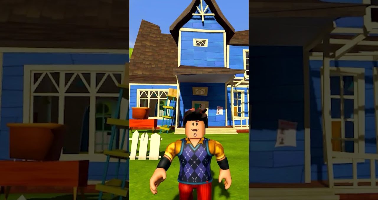 Cartoon game avatar standing in front of a blue two-story house with lawn