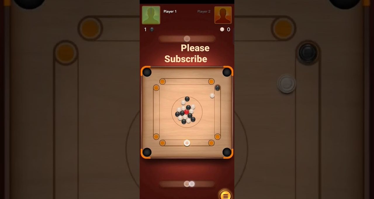 Mobile carrom game board with pieces clustered at center and "Please Subscribe" text above